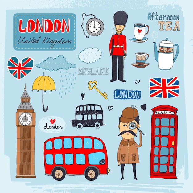 Free vector set of hand-drawn illustrations of london landmarks and iconic symbols