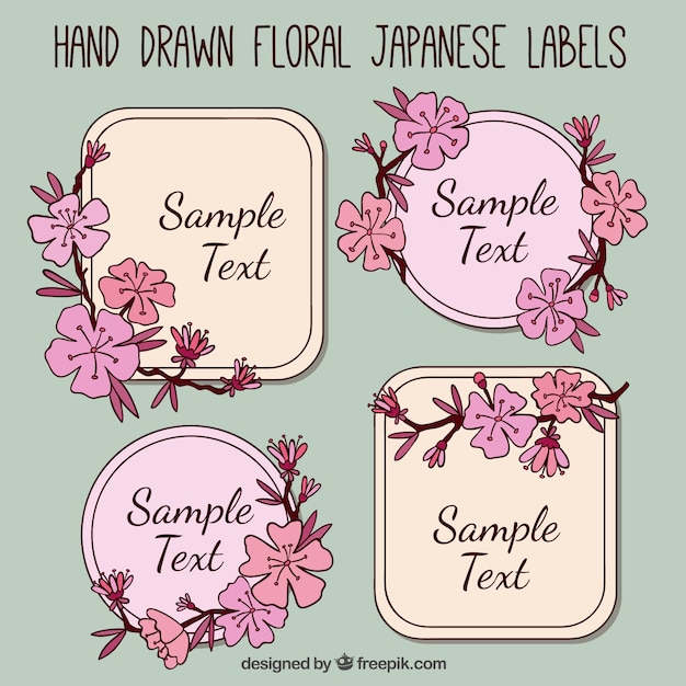 Set of hand drawn japanese labels with floral details