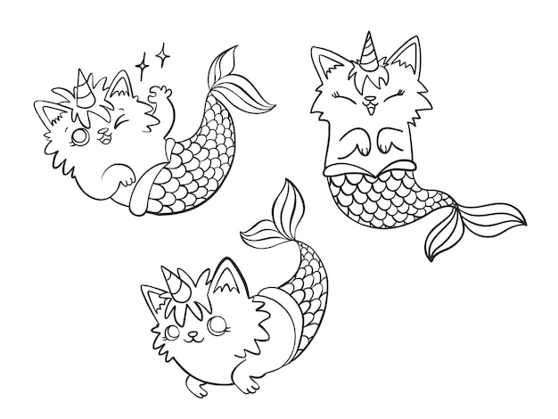 Set of hand drawn Mercaticorn, Cute cartoon mermaid cat with unicorn horn in different poses.