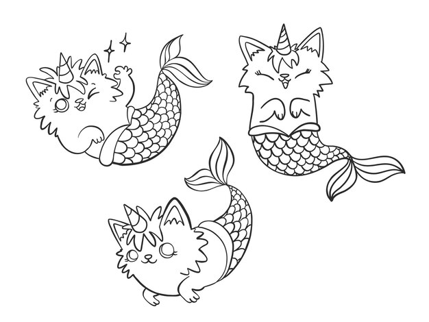 손으로 그린 Mercaticorn, 다른 포즈에 유니콘 경적 귀여운 만화 인어 고양이의 집합입니다.