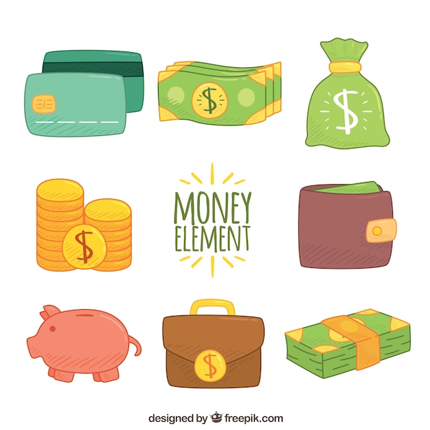 Set of hand drawn money elements