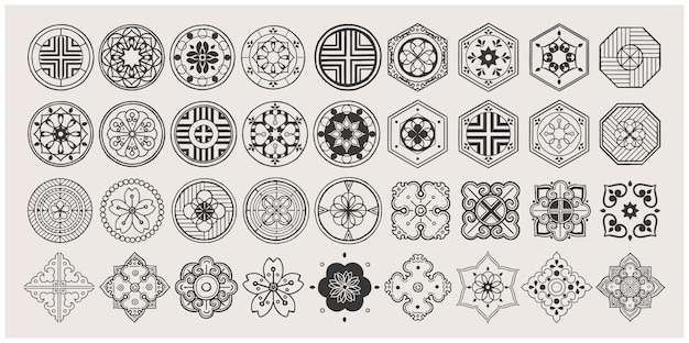 Set of hand drawn oriental elements. black mandala. asian traditional design.