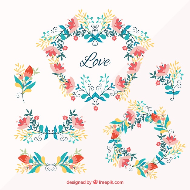 Set of hand drawn ornamental floral wreaths