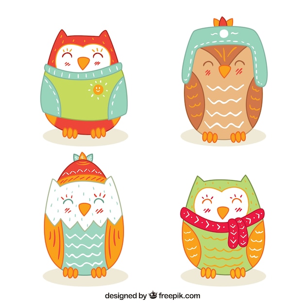 Set of hand-drawn owls with clothes