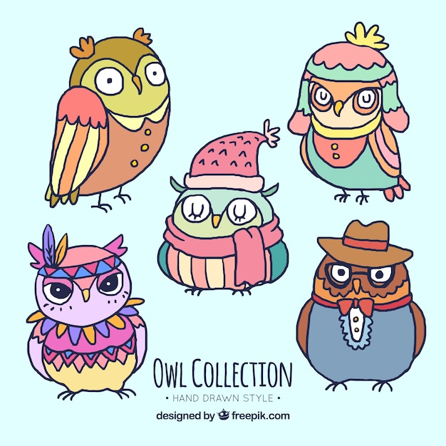 Set of hand drawn owls