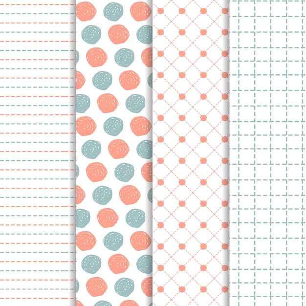 Free vector set of hand drawn patterns in blue and coral