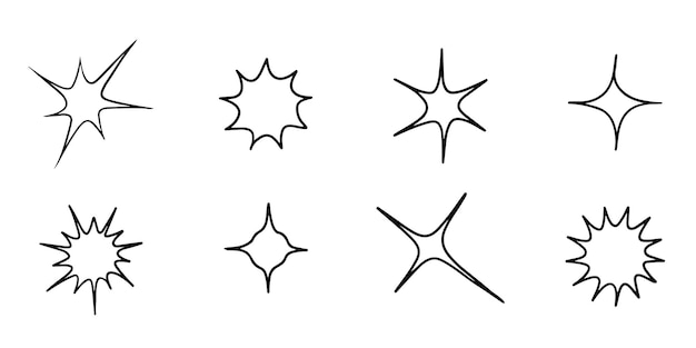 Set of hand drawn sparkles symbols isolated on white background. doodle vector illustration.