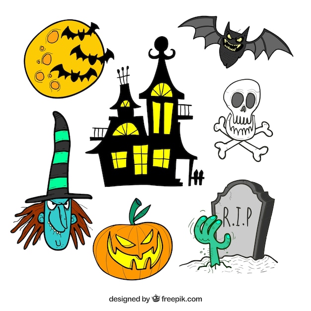 Free vector set of hand drawn stickers for halloween