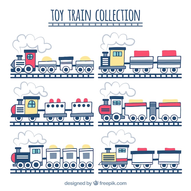 Set of hand-drawn toy trains