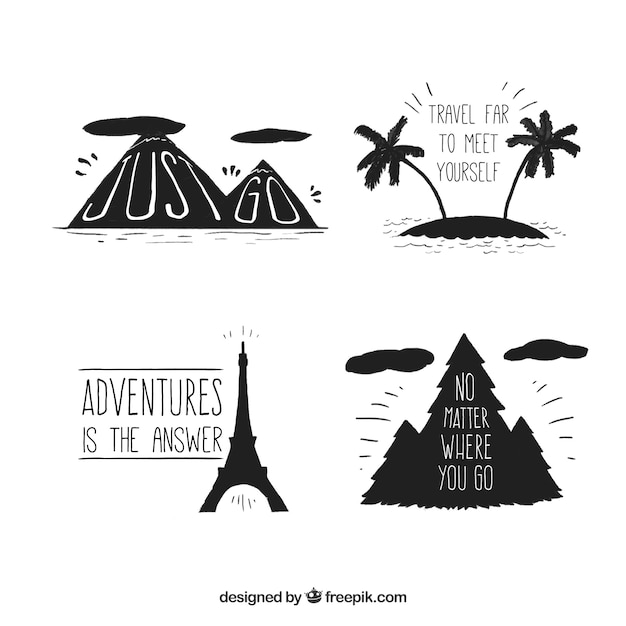 Set of hand drawn travel elements silhouettes 