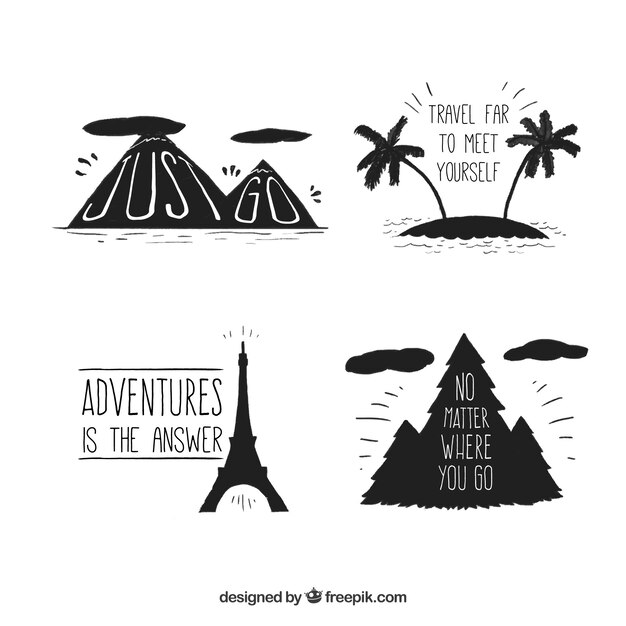 Set of hand drawn travel elements silhouettes 
