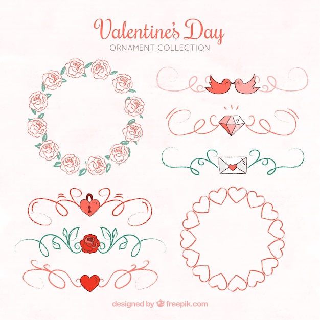 Insieme degli ornamenti disegnati a mano di san valentino