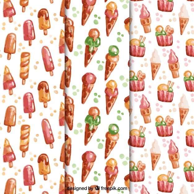 Free vector set of hand-drawn watercolor ice cream patterns