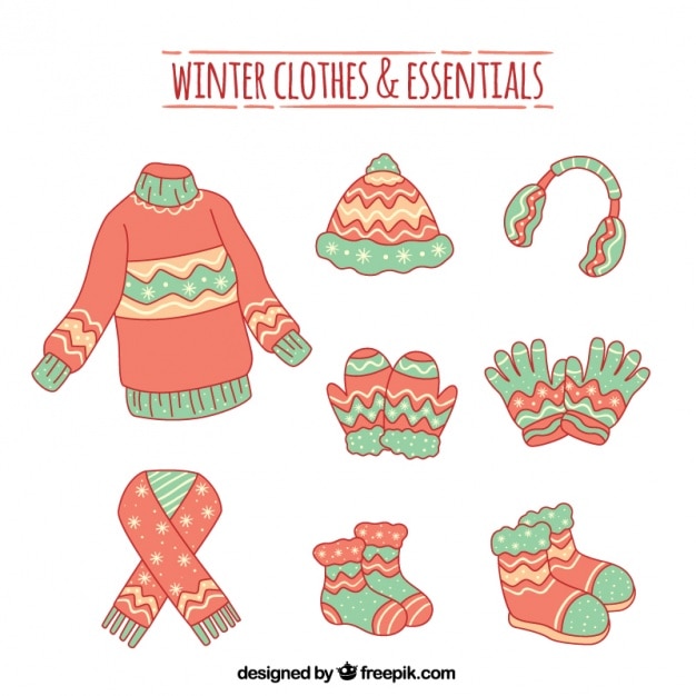 Set of hand drawn winter clothes and accessories