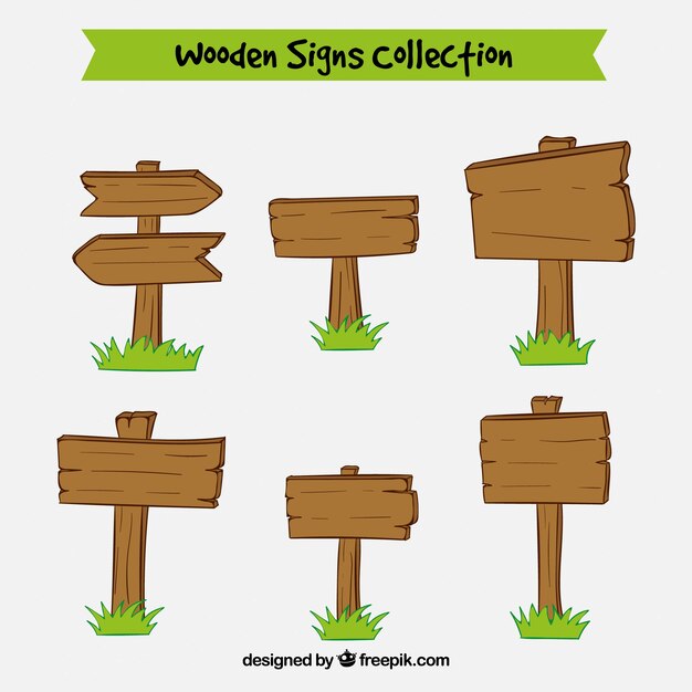set of hand drawn wooden signs