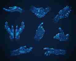 Free vector set of hand gestures in blue polygonal wireframe style luminescent