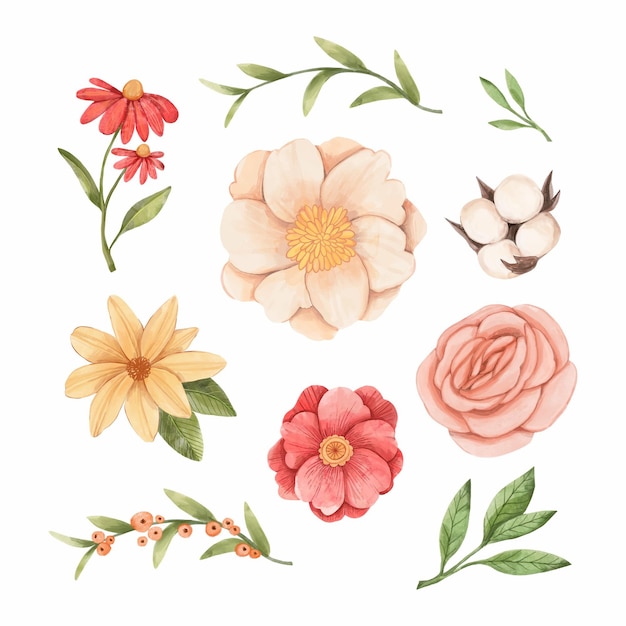Set of hand painted flowers with watercolor