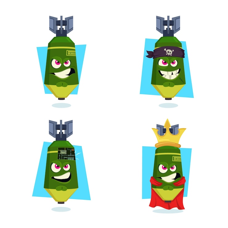 Free Vector set of handdrawn aggressive missiles sneering with pirate headband with mechanism mantle and crown