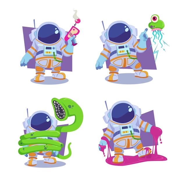 Free vector set of handdrawn astronauts holding blaster pointing at jellyfish being eaten with giant warm stuck in slime