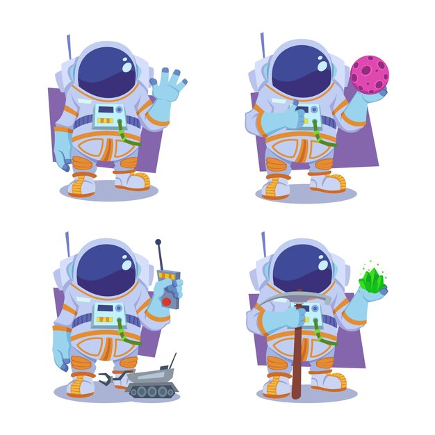 Free Vector set of handdrawn astronauts waving hand holding planet controlling lunar rover showing crystals