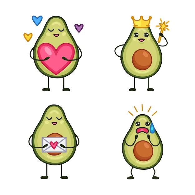 Set of handdrawn avocado characters holding heart wearing crown holding love letter being afraid