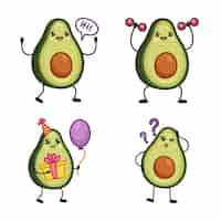 Free vector set of handdrawn avocado characters saying hi lifting dumbbells holding present and balloon asking questions