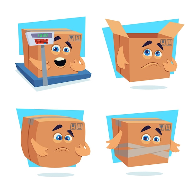 Set of handdrawn cartoon cardboard boxes on electronic scale open confused with taped mouth