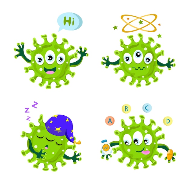 Набор нарисованных вручную мультяшных коронавирусов, говорящих привет, головокружение, сон, прием витаминов