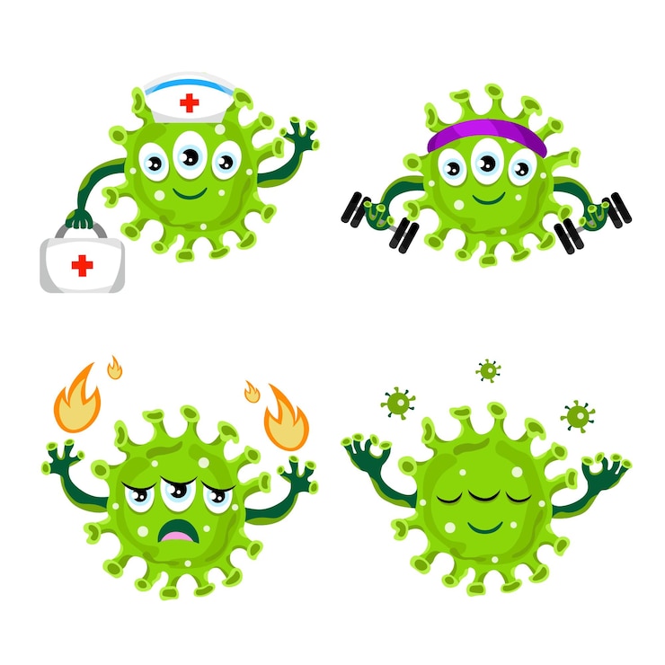 Free Vector set of handdrawn cartoon coronaviruses with first aid kit dumbbells fire little viruses