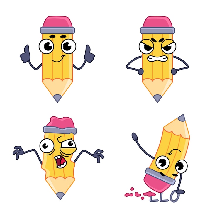 Free Vector set of handdrawn cartoon pencils showing thumbs up clenching teeth trembling erasing word