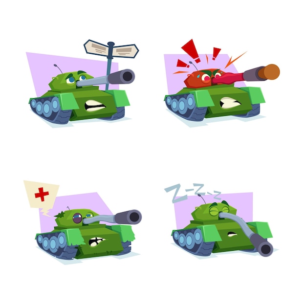 Free vector set of handdrawn cartoon tanks at direction pointer shooting with cork needed repair sleeping