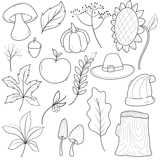 Set of handdrawn doodle illustrations of autumn