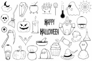 Vettore gratuito insieme delle illustrazioni di doodle disegnato a mano felice halloween