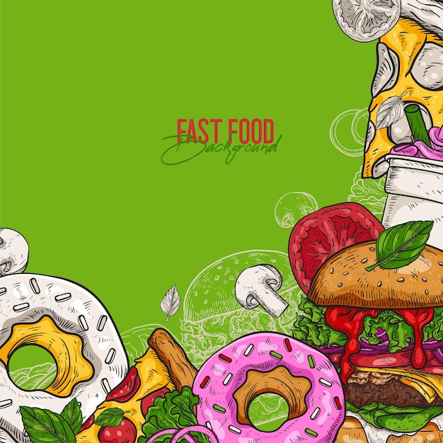 Vettore gratuito set di fast food disegnati a mano sfondo con cibo per menu e pubblicità o imballaggio disegno vettoriale di schizzo