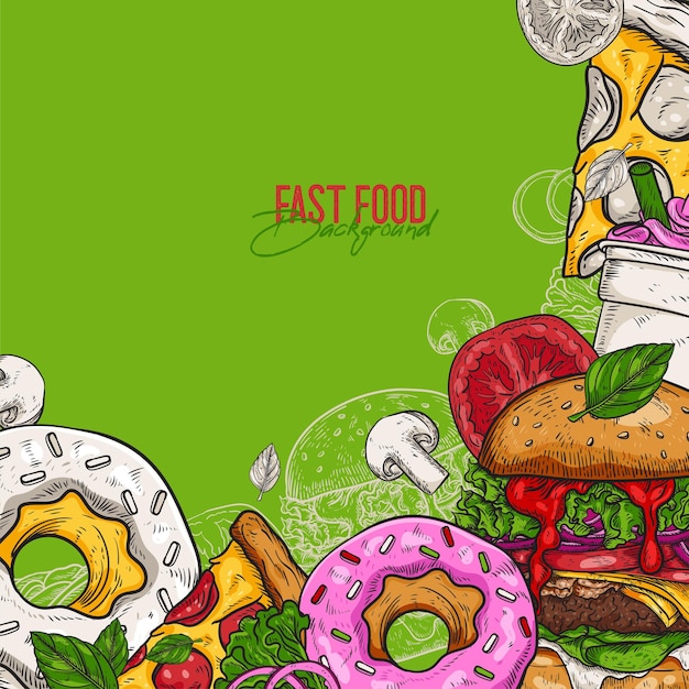 Set of handdrawn fast food Background with food for menu and advertising or packaging Sketch Vector design