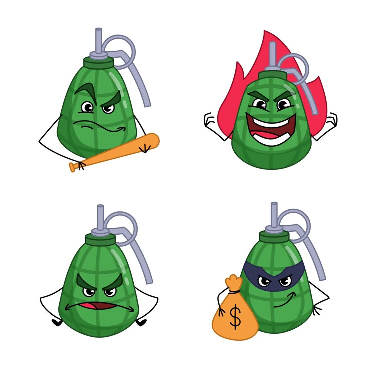 Free Vector set of handdrawn grenades holding bat laughing with anger feeling irritated stealing money
