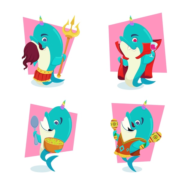 Free vector set of handdrawn narwhals holding trident wearing cape and drinking wine eating vegetable soup holding maracas