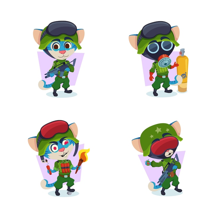 Free Vector set of handdrawn soldier cats holding firearm standing at gas cylinder lighting dynamite stick holding bomb