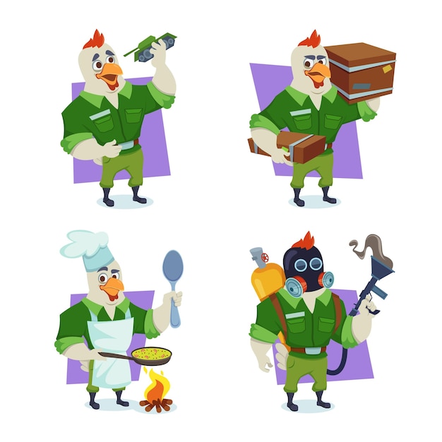 Free vector set of handdrawn soldier eagles holding toy tank carrying boxes cooking on campfire holding gas weapon