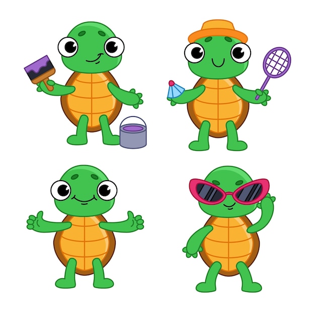 Free vector set of handdrawn turtles with paintbrush and paint racket and shuttlecock showing thumb up wearing sunglasses