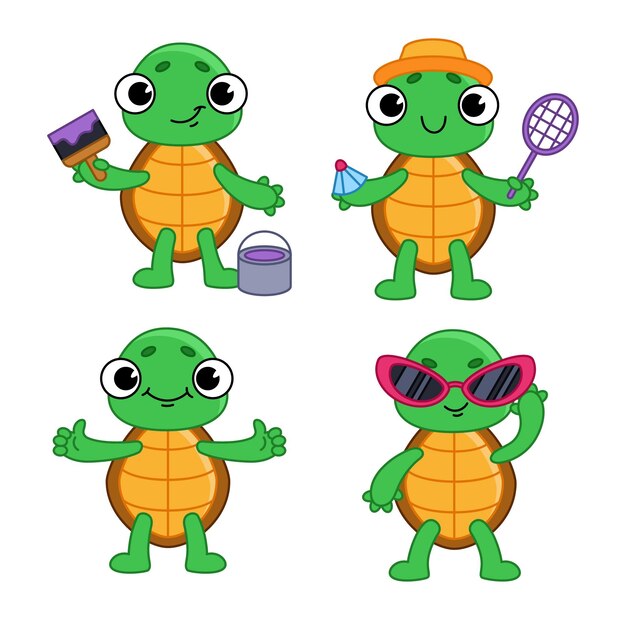 Free Vector set of handdrawn turtles with paintbrush and paint racket and shuttlecock showing thumb up wearing sunglasses