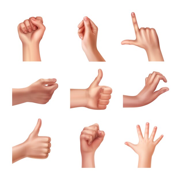 Set of hands in different gestures, emotions and signs