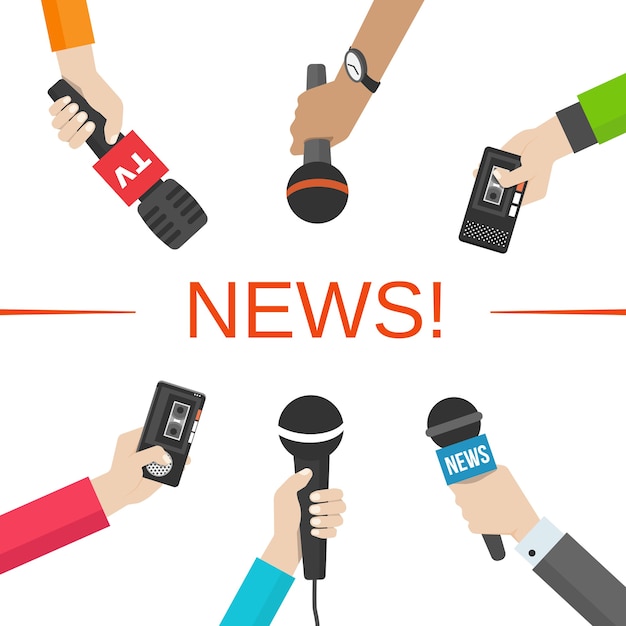 Free vector set of hands holding microphones and voice recorders. news and journalism concept. vector illusatration