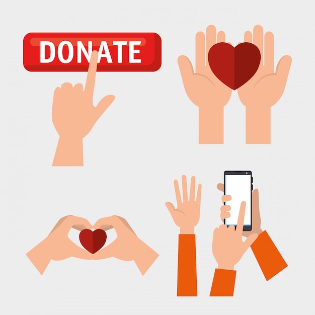 Set of hands with hearts for charity donation