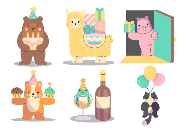 Набор счастливого животного с лягушкой-бегемотом Bear Alpaca и кошкой в концепции вечеринки, рисующей животное в векторе мультяшного стиля