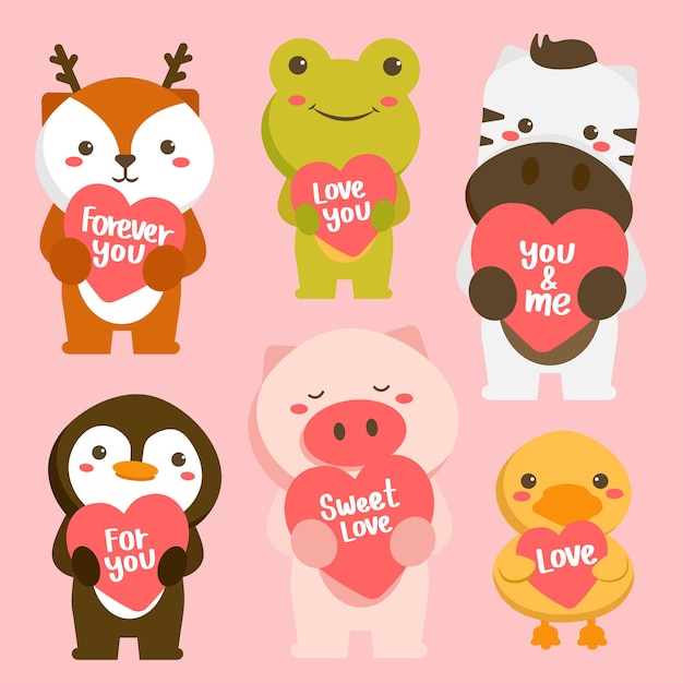 Free vector set of happy animals in cartoon style with love greeting card. celebrating saint valentine's day