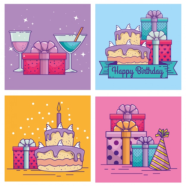 Free vector set happy birthday celebration with event decoration