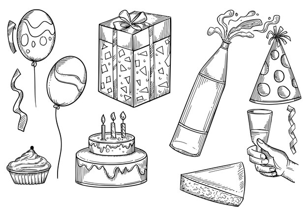 Free Vector set of happy birthday doodles sketch of party icon design