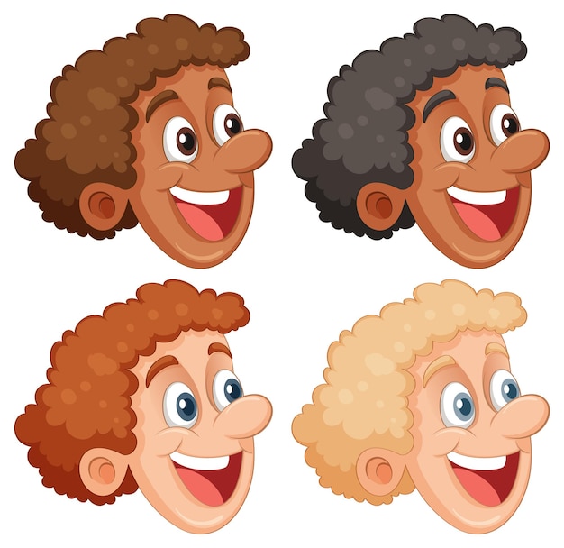 Set of happy boy head with curly hair