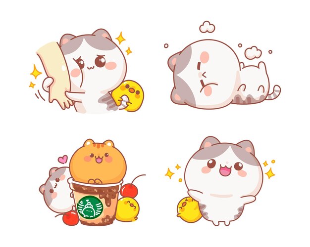 Set of happy cute cats cartoon illustration